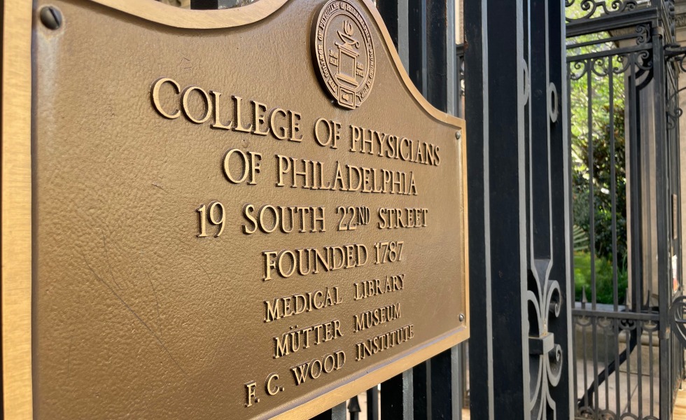A plague reads "College of Physicians of Philadelphia 19 South 22nd Street Founded 1787 Medical Library Mütter Museum FC Wood Institute"