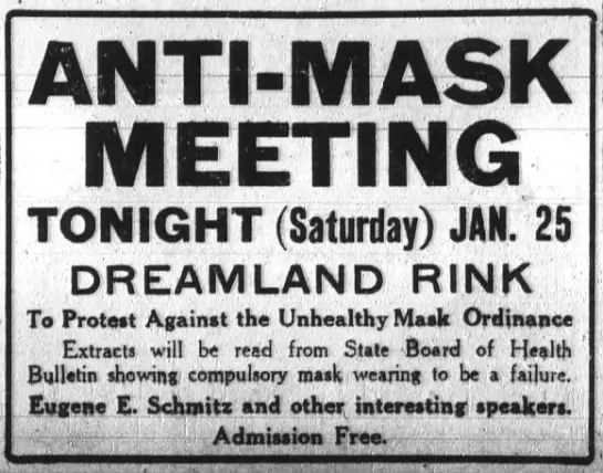 Image of a newspaper announcement advertising a gathering of people to protest masking requirements during the 1918 influenza pandemic.
