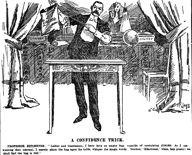 Cartoon in black and white of a man performing a confidence trick.